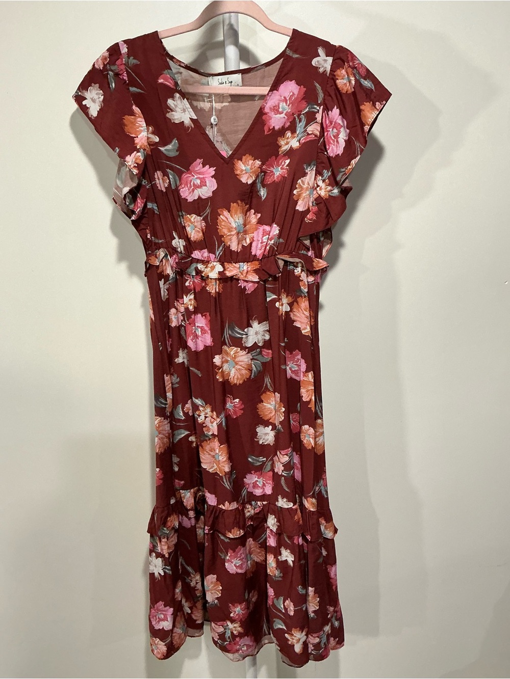 Sadie & Sage Burgundy Floral V-Neck Midi Dress with Pink and Orange Blooms